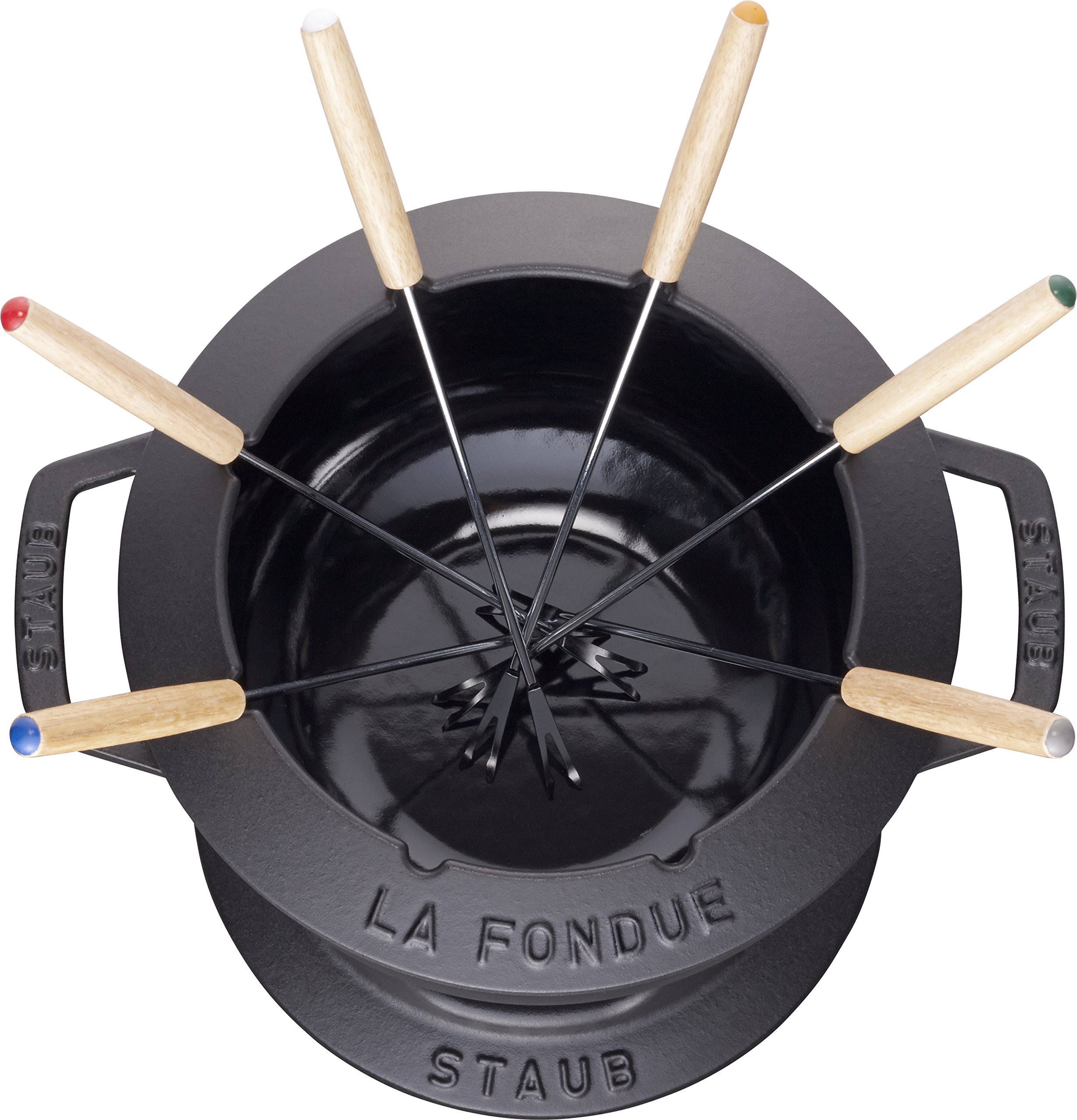 staub-fondue-set-20-cm-gusseisen-mit-6-gabeln-2-3-l-made-in-france-schwarz image 2